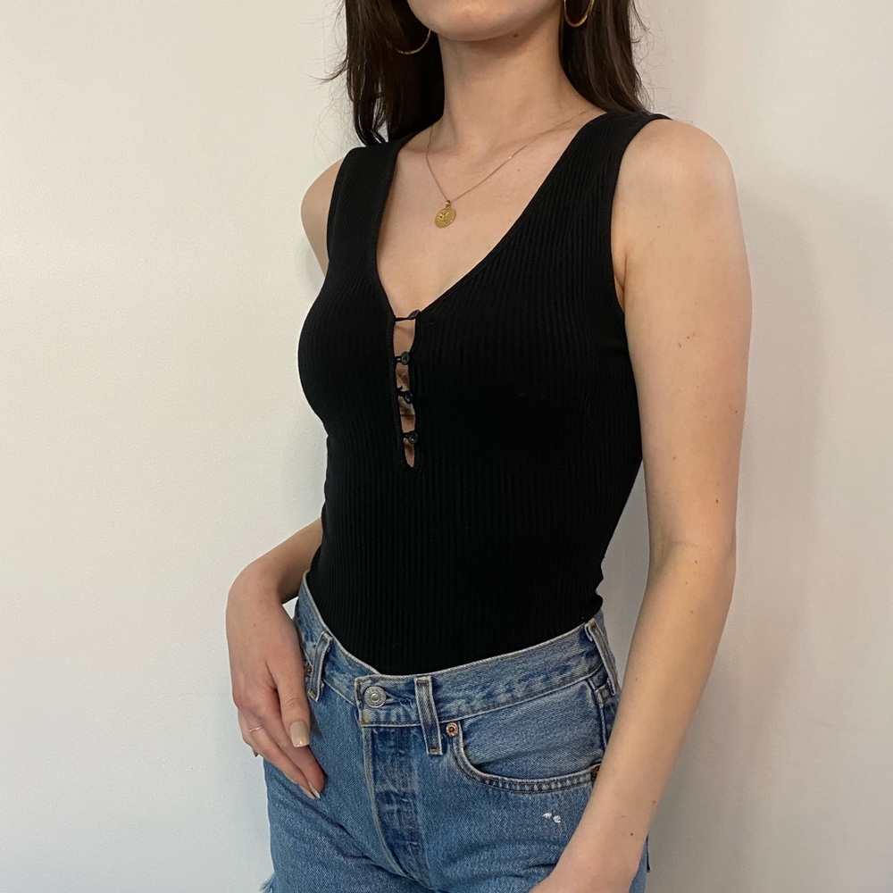 Black Ribbed Tank Top w/ Buttons